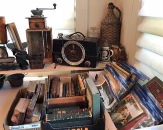 zenith bakelite radio, paper ephemera, cast iron scale w/ weights, primitives, more books