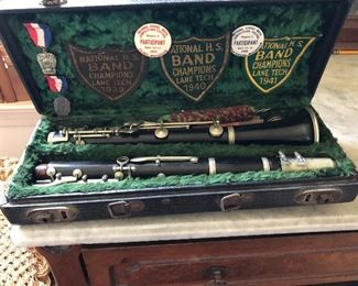 1930s clarinet with award patches + medals Lane Tech