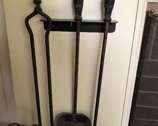 antique wrought iron fireplace tools with owl handles!