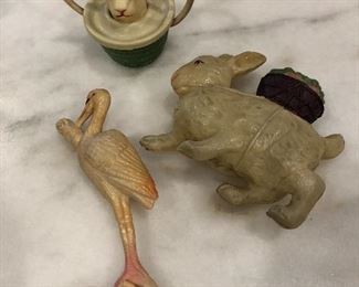 antique celluloid easter rattle, basket and stork rattle