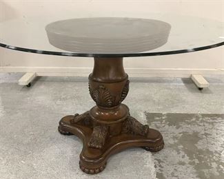 Reproduction Ornate Wood Carved Glass Top Pedestal Table