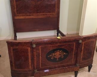 Antique French Art Deco Bed,  Ormolu with Rosewood Marquetry inlaid rose basket