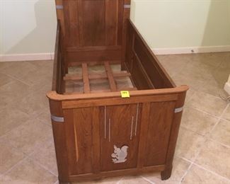 Ca. 1920s Art Nouveau Solid Wood Child's Bed with Chrome Banding and Chrome Rabbit Applique