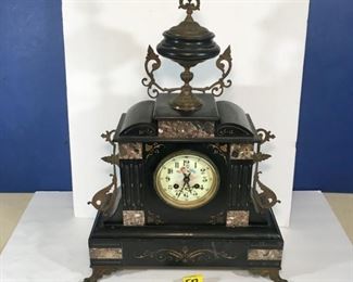 Exquisite Antique French 1850 French Napoleon III, Bronze Ormolu Black Onyx Clock, Hand Painted Cherubs on Clock Face