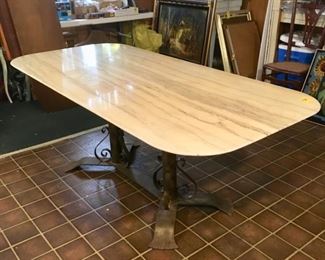 1950s French marble top table with double pedestal metal base