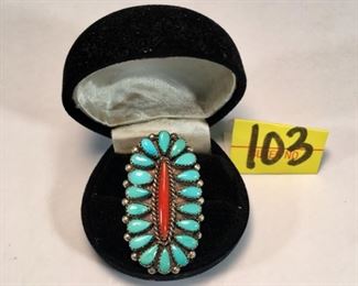 Navajo sterling silver turquoise red coral needle point ring size 7