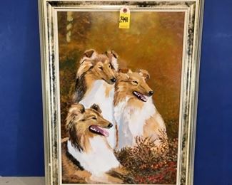 Lassie triplets paintings on wood panel by R. Brindel, framed