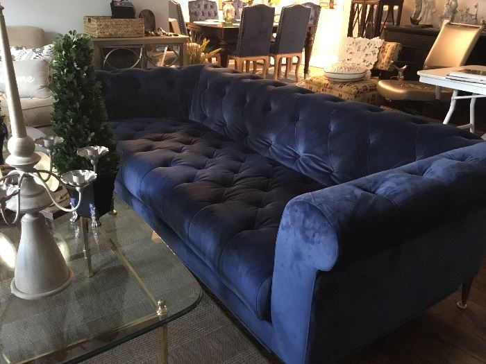 86”L x 39”D x 28” H Royal Blue Sofa w/chrome feet
