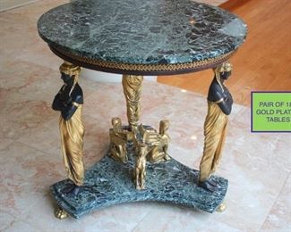 Pair of 18K Gold Plated Round Marble Tables with Gold Egyptian Accents