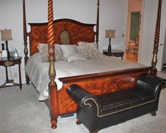 4 Post Master Bed with Nail Head Bench, Pair of Nightstands and Lamps