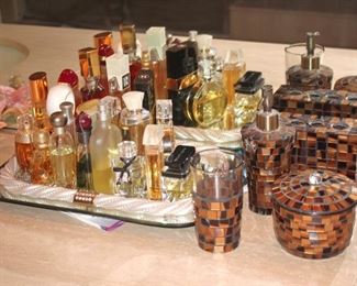 Perfume Bottles, Vanity Tray and Tiled Decorative Bathroom Dispensers