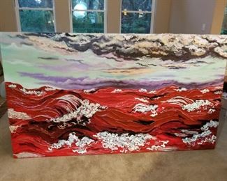 Original Nina Beall "Red Sea" abstract acrylic on canvas purchased directly from artist (2005), measures 48" x 84". Artist is Austin-based.
