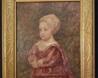This is a painting of a portrait called "Baby Stuart" by American artist Eugene Melancon (1861-1946). Original oil on wood with original frame. The first Baby Stuart was painted 1635 and shows the future King James II as an infant, affectionately referred to as Baby Stuart. He is dressed in his finest and is holding an apple.
