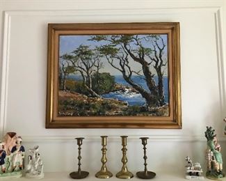 Artwork, brass and ceramic figurines.