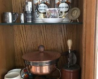 Brass items and French apothecary jars.