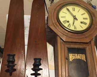 Wooden Candlestick Holders and Regulator Clock.