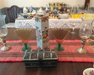 Silver and glass Candlestick holders and Matching Vases.