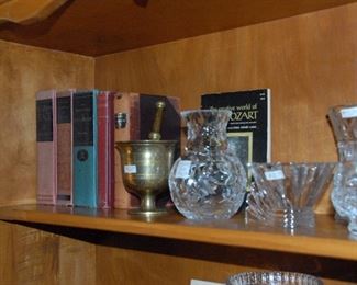 Heavy brass morter and pestle, crystal