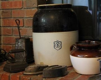 Assorted Crocks and Antique Irons