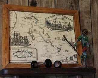 Vintage Map of Bahamas, Vintage Door Knobs and Paper Maché Conquistador Sculpture