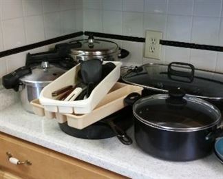 2 pressure cookers, 2 cast iron deep skillets, kitchen utensils, Hamilton Beach electric skillet