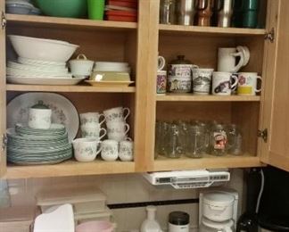 Corningware "Callaway" dish set with creamer & sugar, salt & pepper, & platter; "Meadow" dish set with covered sugar, insulated coffee travel mugs, vintage Tupperware, Rival coffee grinder, Sunbeam coffee maker, Kitchenaide coffee maker, can opener, glass mugs & single coffee cups-SOLD