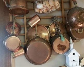 Copper kettle, skillet-SOLD, 2 saucepans-SOLD, covered stewpot-SOLD, salt & pepper set, colander-SOLD, chicken wire egg basket 