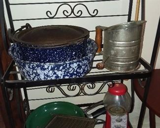 Blue & White Enamelware (BAKER'S RACK NOT AVAILABLE)