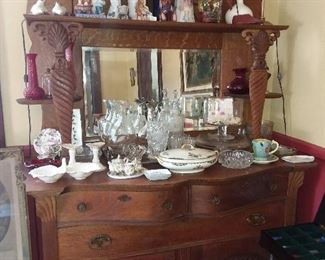 Antique Dining Room Sideboard W/ Assorted China & Glassware