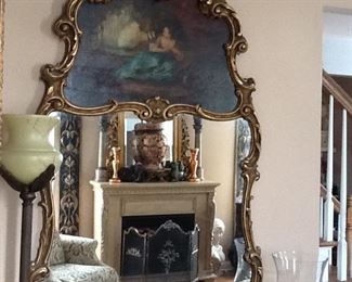 Antique 1800’s French Trumeau Mirror- Gilt Wood Frame & Hand painted oil painting  & signed art  from Paris        $1900.