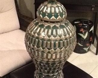 Silver encased    Green Pottery Urn.  30” Tall   $350.