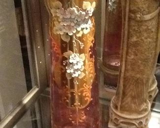 European rose & Gold figrile cranberry glass 17” tall vase    $150