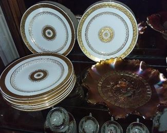 Tiffany & Co. Gold Trimmed Plates & Carnival Glass Bowl