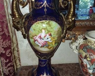 BEAUTIFUL Jester Handled Blue & Gold Vases