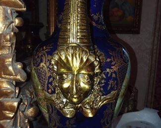 BEAUTIFUL Jester Handled Blue & Gold Vases