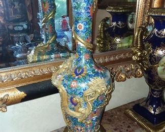 HUGE Cloisonne Vase W/ Ornate Gold Toned Dragons