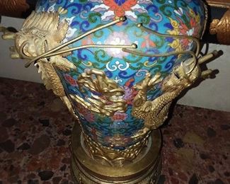 HUGE Cloisonne Vase W/ Ornate Gold Toned Dragons