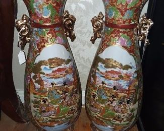 Large Asian Themed Handled Floor Vases
