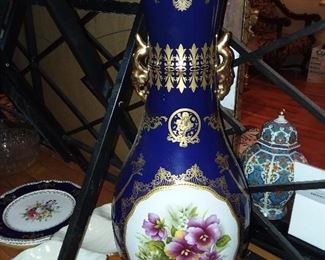 Large Blue & Gold Accent Floral Floor Vase