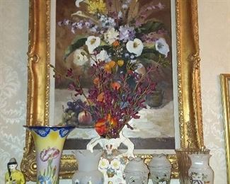 Assorted Glass Vases & Ornate Framed Floral Artwork