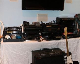 Adcom amplifier(s), Crate amplifier, Samsung, Onkyo, Sony, Timex, Denon, Integra, Epson, and others, incl. Sony Playstation 3. Multiple modern televisions, receivers, head units and equalizers.