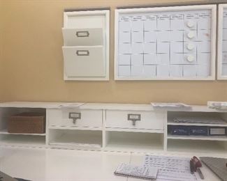 Pottery Barn Corner 6 drawer desk (not pictured) in excellent condition with this Pottery Barn Bridge/hutch for on top.  (Calendar system not included).  Antique White.  Ergonomic chair also for sale.