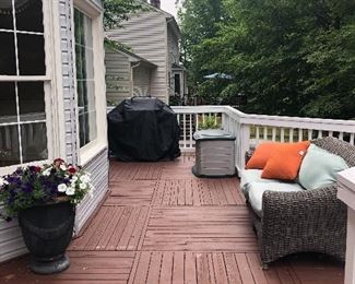 Outdoor patio set.  Comes as 7 pieces.  Here you can see the sofa with complimenting decor pillows.  Webster Spirit Grill is also for sale for separate purchase.