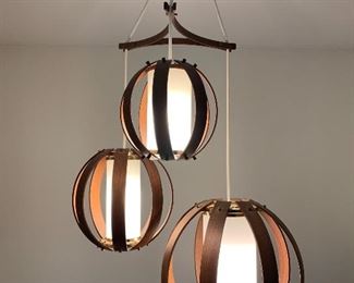 Amazing Scandinavian bent walnut three orb chandelier 
