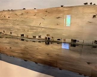 Amazing and quite large original “Cows” watercolor by MN artist and teacher Catherine Means.  60”W x 28 1/2”T