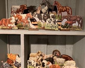 1940’s Whitman Co. pressed cardboard farm animals collection of 35 with original wood stands