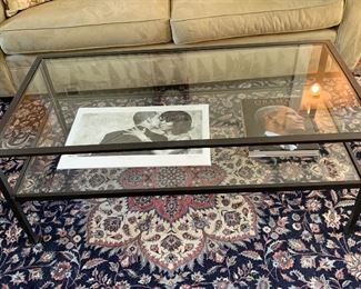 Metal and glass rectangular coffee table. Oriental carpet also for sale roughly 9 x 12 