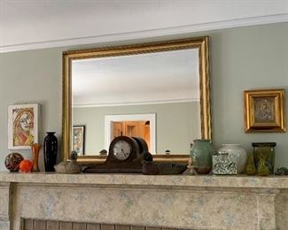 Gold framed mirror, Antique Mantel Clark Humpback style, And other collectibles