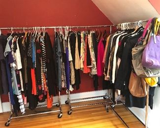 clothing and bags for sale, three rolling racks for sale as well