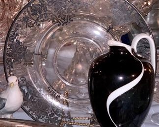 Unusual black and white pitcher-Plate behind has Sterling Silver inlay